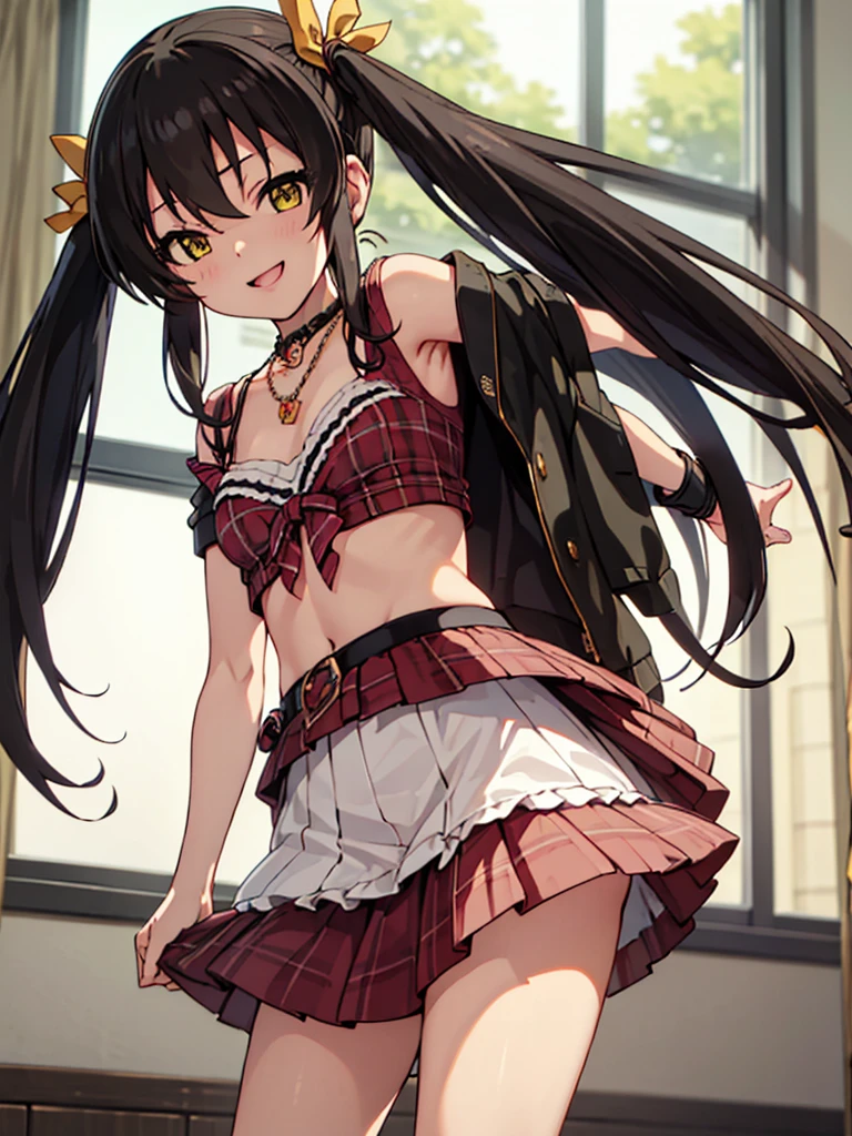 masterpiece, best quality, matoba_risa_theidolmastercinderellagirlsu149, solo, black_hair, long_hair, twintails, yellow_eyes, ribbon, hair_ribbon, jewelry, necklace, hair_between_eyes,
 smile, standing, plaid bra, small breasts, panties, hotel room,