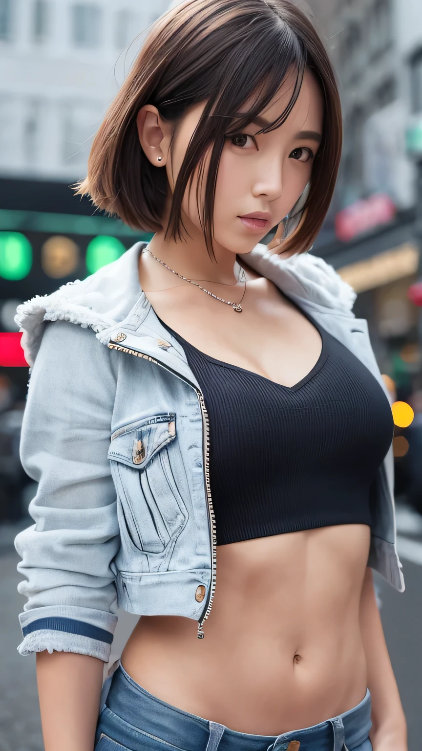 (8K, best quality, masterpiece:1,2), (realistic, photo-realistic:1,37), top quality, masterpiece, beautiful woman, Wearing Women&#39;s Shirts Cropped V-neck Top White T-Shirt Korean Fashion Women&#39;s T-Shirt Tight Open Gray Color Jacket, beautiful and strong body, split, floral mini skirt, take a walk in the countryside, Light drizzling night background, In a store with Korean-style store lighting, Nightlife, Slightly wet asphalt, A charming smile with dimples, realistic depiction,