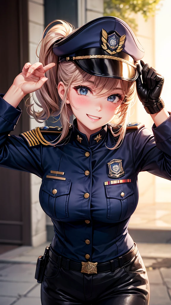 police cosplay,militar,navy, aeronautics, feminine,linda, Caucasian skin,blush cheeks,beautiful smiling, details in your beauty