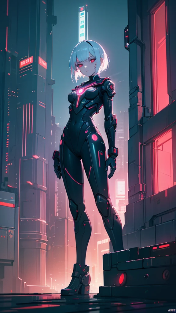 a beautiful cyberpunk girl with short white hair, red eyes, wearing a sailor-style mechanical outfit, standing in a city skyline with neon lights and dark lighting, ultra-detailed, 8k, highres, masterpiece, cinematic, dramatic lighting, vibrant neon colors, intricate machinery, photorealistic