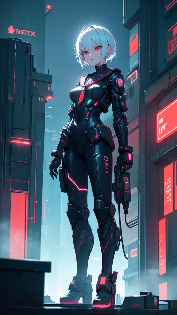 a beautiful cyberpunk girl with short white hair, red eyes, wearing a sailor-style mechanical outfit, standing in a city skyline with neon lights and dark lighting, ultra-detailed, 8k, highres, masterpiece, cinematic, dramatic lighting, vibrant neon colors, intricate machinery, photorealistic