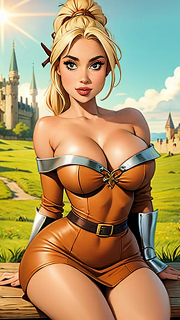 photorealistic,realistic, solo, photorealistic, best quality, ultra high res, 1girl,, sits , blonde hair in a ponytail, (big boobs), wearing a small short dress ( in Brown leather),off-shoulder,strapless, breeze blowing through the grass,, , 1girl, ((Middle Ages)), (((medieval fantasy))), ((viking)), beautiful, masterpiece, best quality, extremely detailed face, perfect lighting, 1girl, solo, (((sad))), , best quality, ultra high res, photorealistic,, ultra detailed,, masterpiece, best quality, , nancy1, large breasts, cleavage,