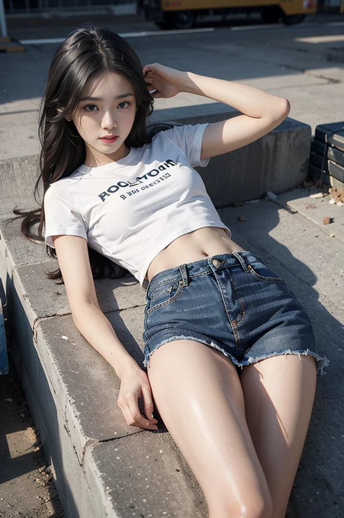 Girl in white good and tight denim skirt posing for photo, whole body, Cropped T-shirt, good, The body is slim, Small Bust, Slim girl model, 24 year old female model, Lying on a construction site, Group of black men watching