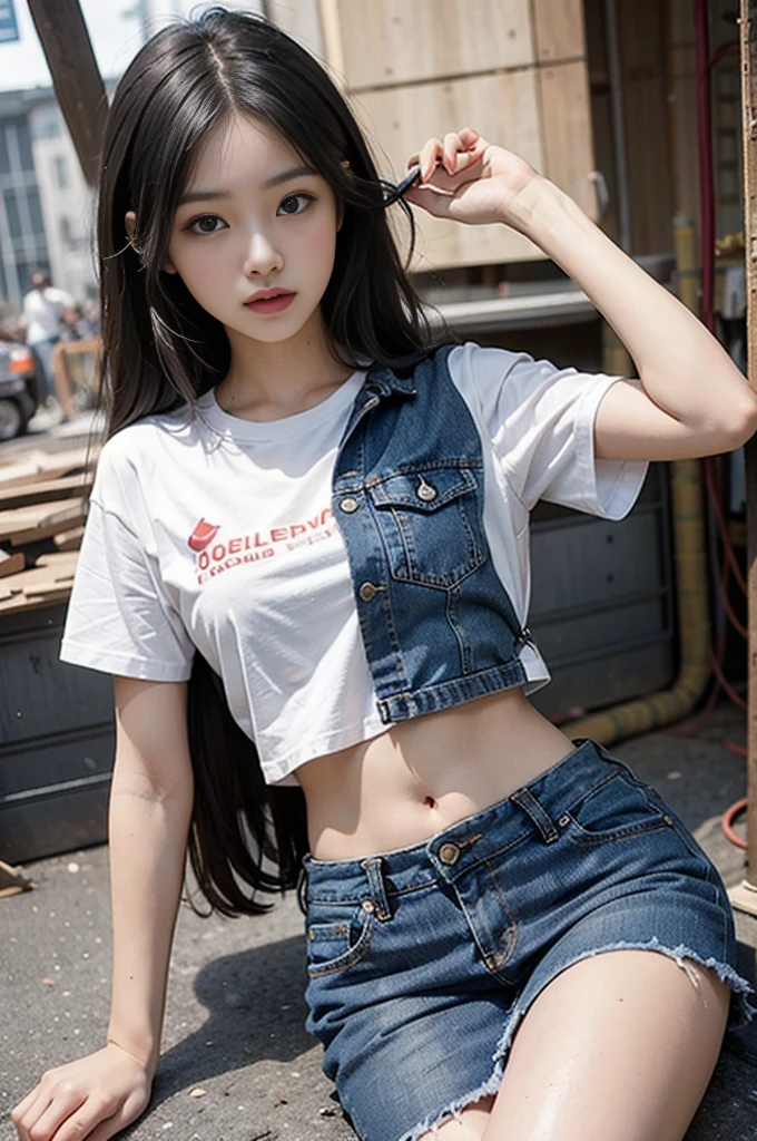 Girl in white good and tight denim skirt posing for photo, whole body, Cropped T-shirt, good, The body is slim, Small Bust, Slim girl model, 24 year old female model, Lying on a construction site, Group of black men watching