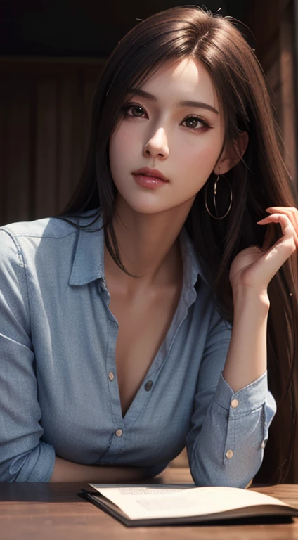 Realistic, Tabletop, Highest quality, RAW Photos, One Girl, alone, Long Hair, Brown Hair, Detailed face, Attractive face, Black collared shirt, Medium chest, Dynamic pose, View your viewers, From below, Detailed Background, Fine details, Intricate details,  Ray Tracing, Depth of written boundary, Low Key, Hmph