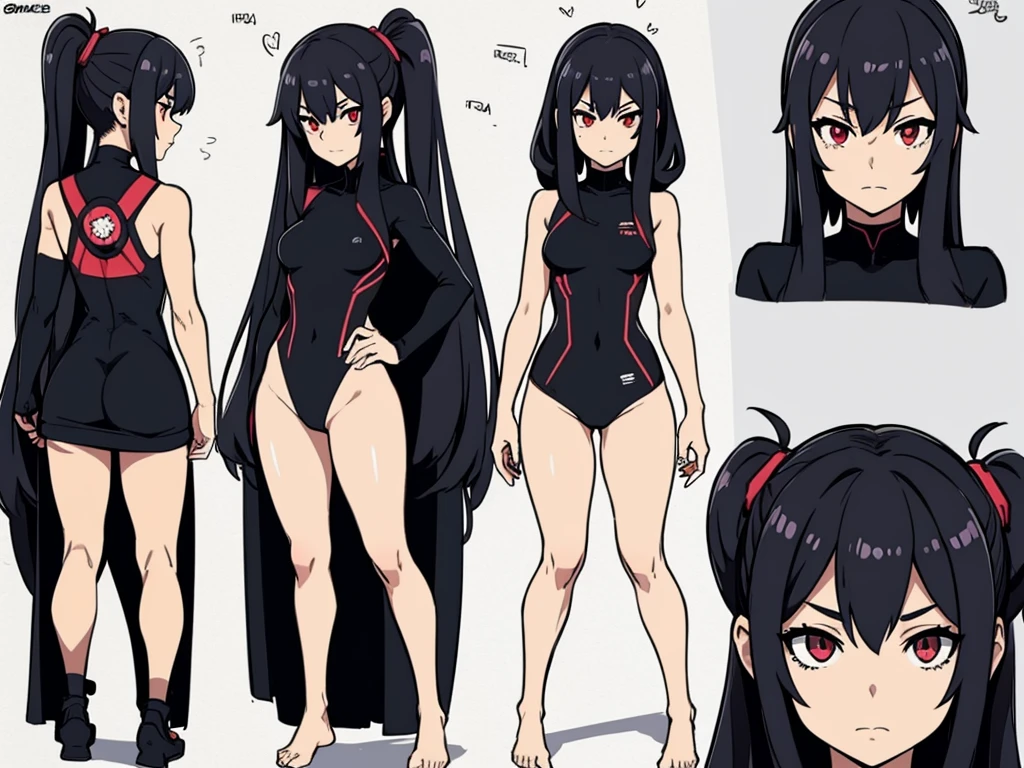a woman in a black swimsut, anime moe artstyle, anime girl wearing a black swimsut, gapmoe yandere, gapmoe yandere grimdark, cute anime waifu, seductive anime girl, tall, noire, sultry smirk, full body, bare tight, black swimsuit, bare leg, Red Eyes, various expression, front back and side view of character