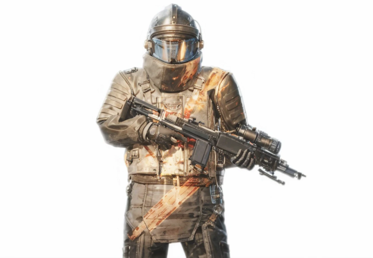 age blonde girl, her hair is in lose twin tails, wearing a cropped blue leather jacket, white sports bra, baggy black pants with lots of pockets, goggles on her head, fair skin, covered with dirt and black mechanical grease. Sci fi settings,