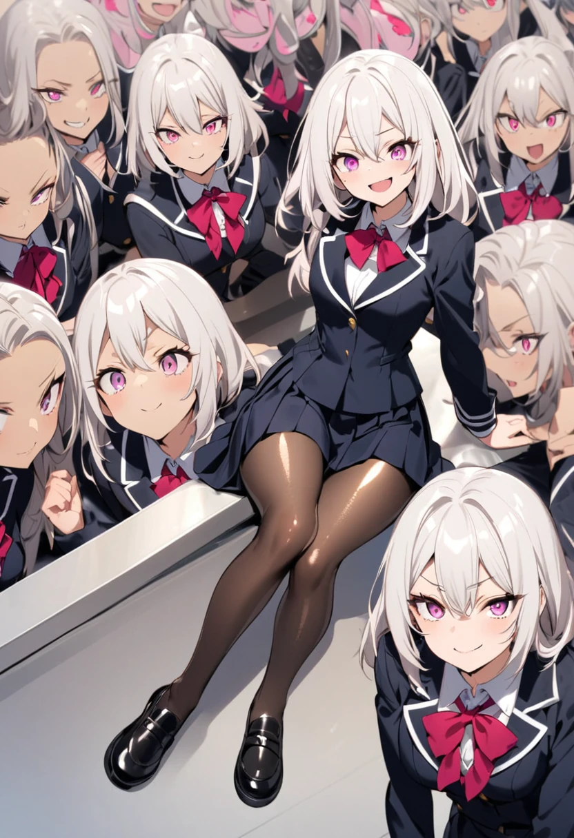 Female Student in a schooluniform with super shiny pantyhose and shoes. She sits on the table. She has a deviant smile and dominant expression. She has white hair with shiny pink eyes. She knows everyone is into her.