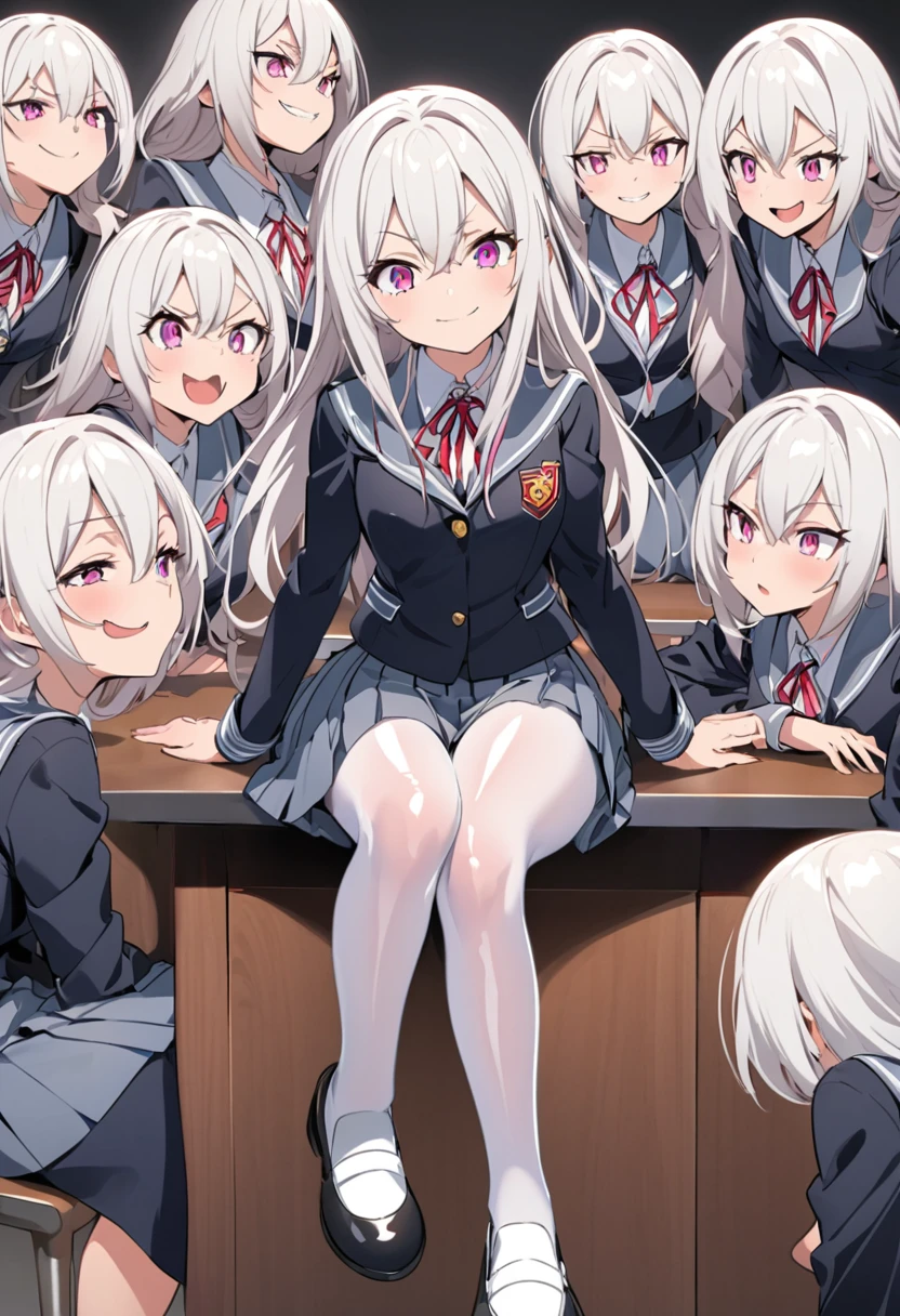 Female Student in a schooluniform with super shiny pantyhose and shoes. She sits on the table. She has a deviant smile and dominant expression. She has white hair with shiny pink eyes. She knows everyone is into her.