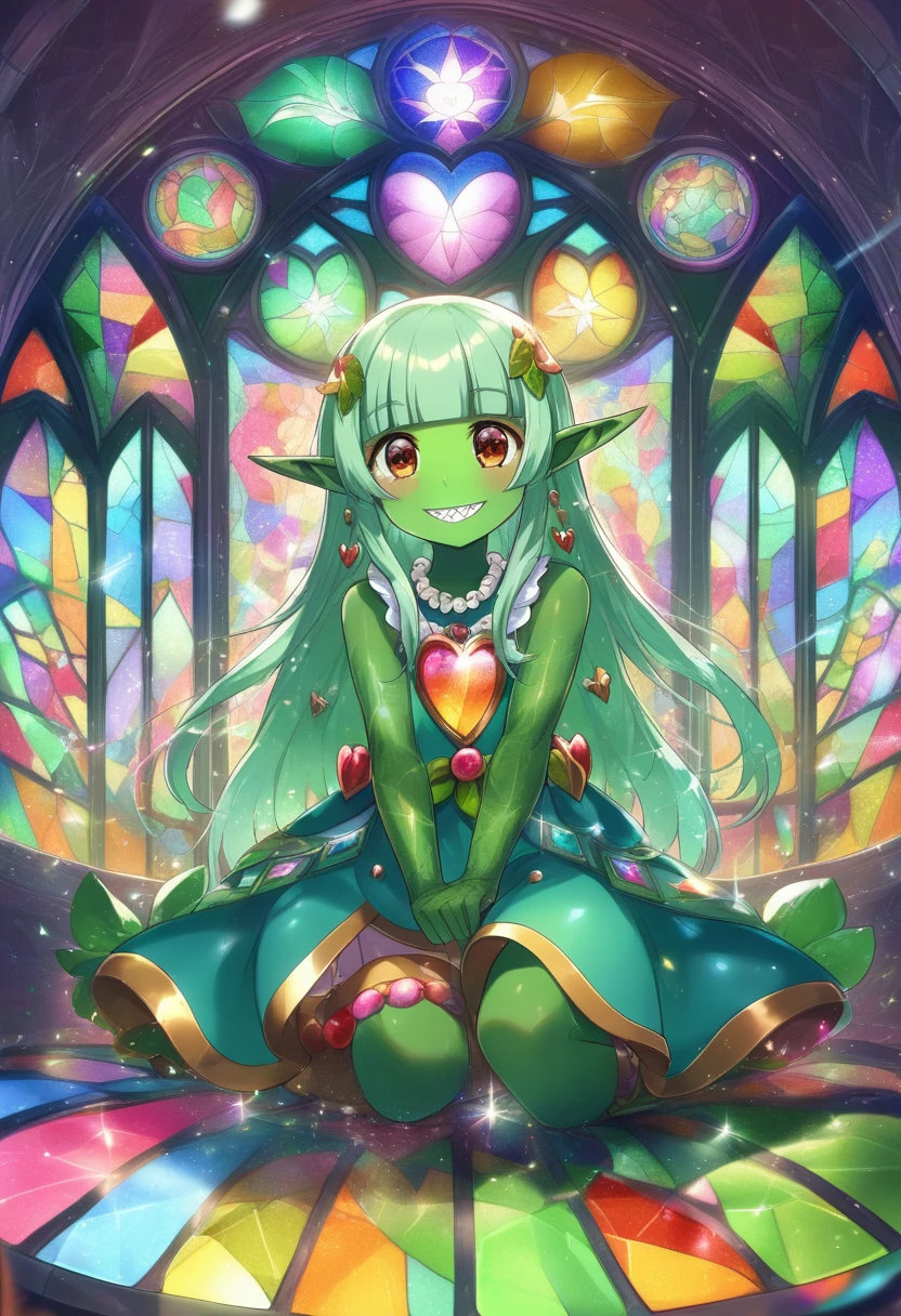 (deep green skin:1.9), (goblin girl),(loli:1.9), kawaii, (baby face:1.1), (little female child:1.8),(loli toddler:1.8),(mini girl:1.7), (4 years old:1.1),small breasts,(evil smile:1.1),super smile,ultra cute face,shiny skin,open mouth,(deep green skin all over the body:1.7),
BREAK
(light green hair:1.2), (blunt bangs:1.3), (hime cut:1.4),(brown eyes:1.6), (long hair:1.3), long straight hair,(sharp teeth),(highlight on eyes:1.1),
BREAK
elf ear,Handmade Anklet,Tribal Jewelry,Scrunchie, Bead Necklace,(Feather Earrings:0.8),wearing boots on feet, wearing lightgreen magical Girl Costumes,(magical effect:1.2), magic circle,colorful background,light particles,light sparkles,crystal light,powder light,dynamicpose,outstretched legs,sitting,
BREAK
(multi-layered flower shaped stained glass), (rose shaped stained glass),(music note effect fused with stained glass),(heart shaped Church windows),nature theme,(Giant stained glass leaf),(Multiple stained glass musical note),Atrium structure,ceiling,tiffany,dust particles,anime,stain glass inspired by leaf mark,nature background