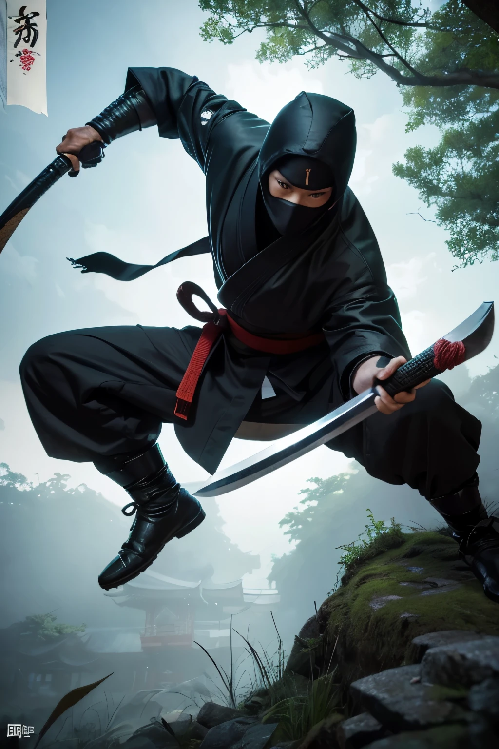 Create a highly detailed illustration of a Tobari-ryu ninja, focusing on the unique aspects and mysterious background of this school. The ninja should be depicted wearing traditional black attire, including a hood and mask, to emphasize stealth and secrecy. Equip the ninja with traditional weapons such as a katana (sword), shuriken (throwing stars), and a kusarigama (chain and sickle), reflecting their versatility in combat and espionage.
The scene should capture the ninja in a dynamic action pose, perhaps performing acrobatic movements like mid-air flips or hiding among the shadows of a dense forest. The background should include elements that evoke the historical and mysterious setting of the Tobari-ryu, such as ancient ruins, dense forests, and traditional Japanese architecture like temples or shrines.
Incorporate subtle details that highlight the strategic and stealthy nature of Tobari-ryu, such as hidden traps, shadows, and secret pathways. To emphasize the enigmatic nature of this ninja school, include references to legendary feats or symbols associated with them, like a banner with the clan's emblem or traditional Japanese motifs.
The overall atmosphere should convey a sense of mystery, danger, and the skilled martial arts tradition of the Tobari-ryu. The illustration should reflect the historical and cultural richness of the ninja legacy.