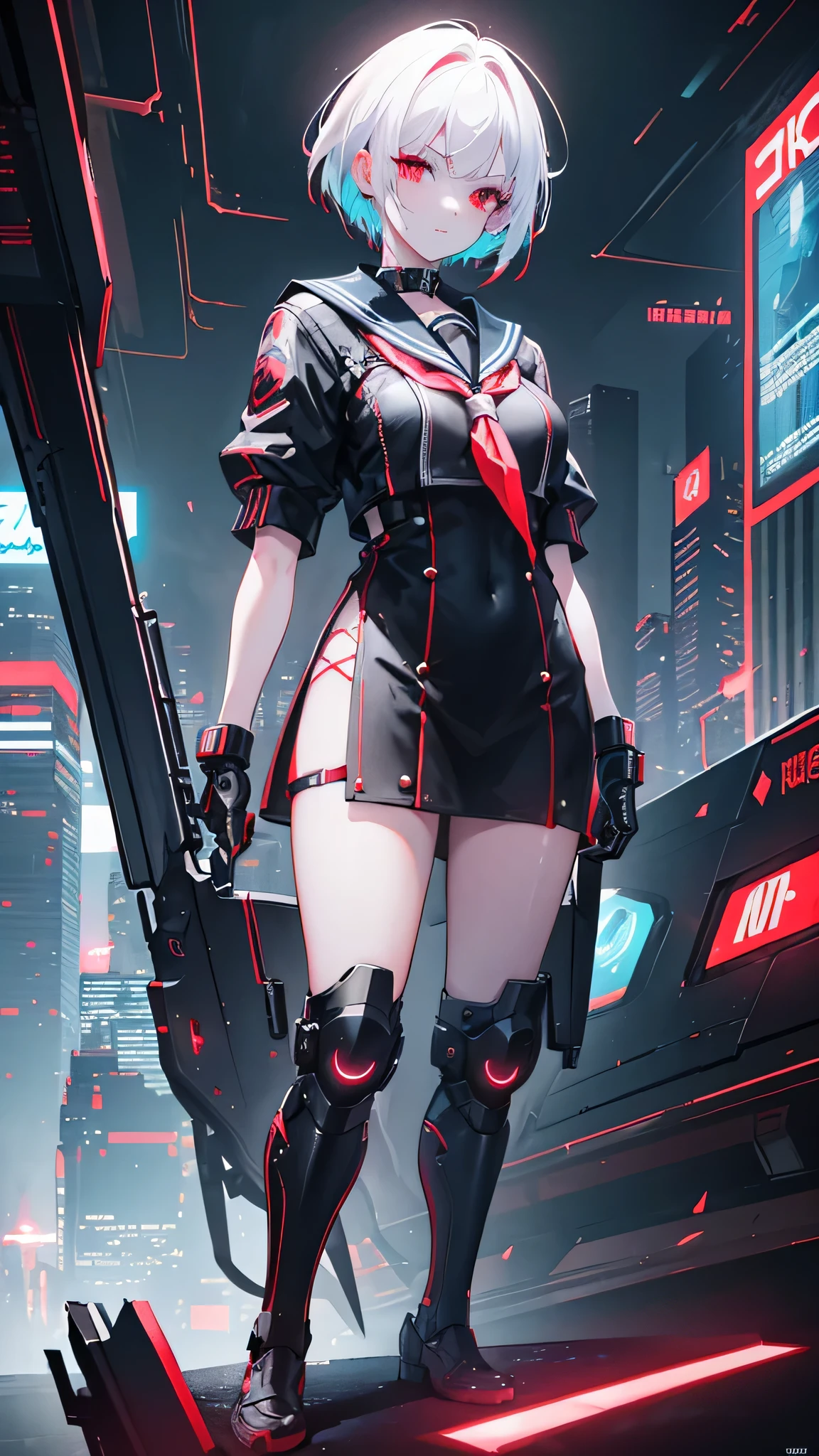 a beautiful cyberpunk girl with short white hair, red eyes, wearing a sailor-style mechanical outfit, standing in a city skyline with neon lights and dark lighting, ultra-detailed, 8k, highres, masterpiece, cinematic, dramatic lighting, vibrant neon colors, intricate machinery, photorealistic