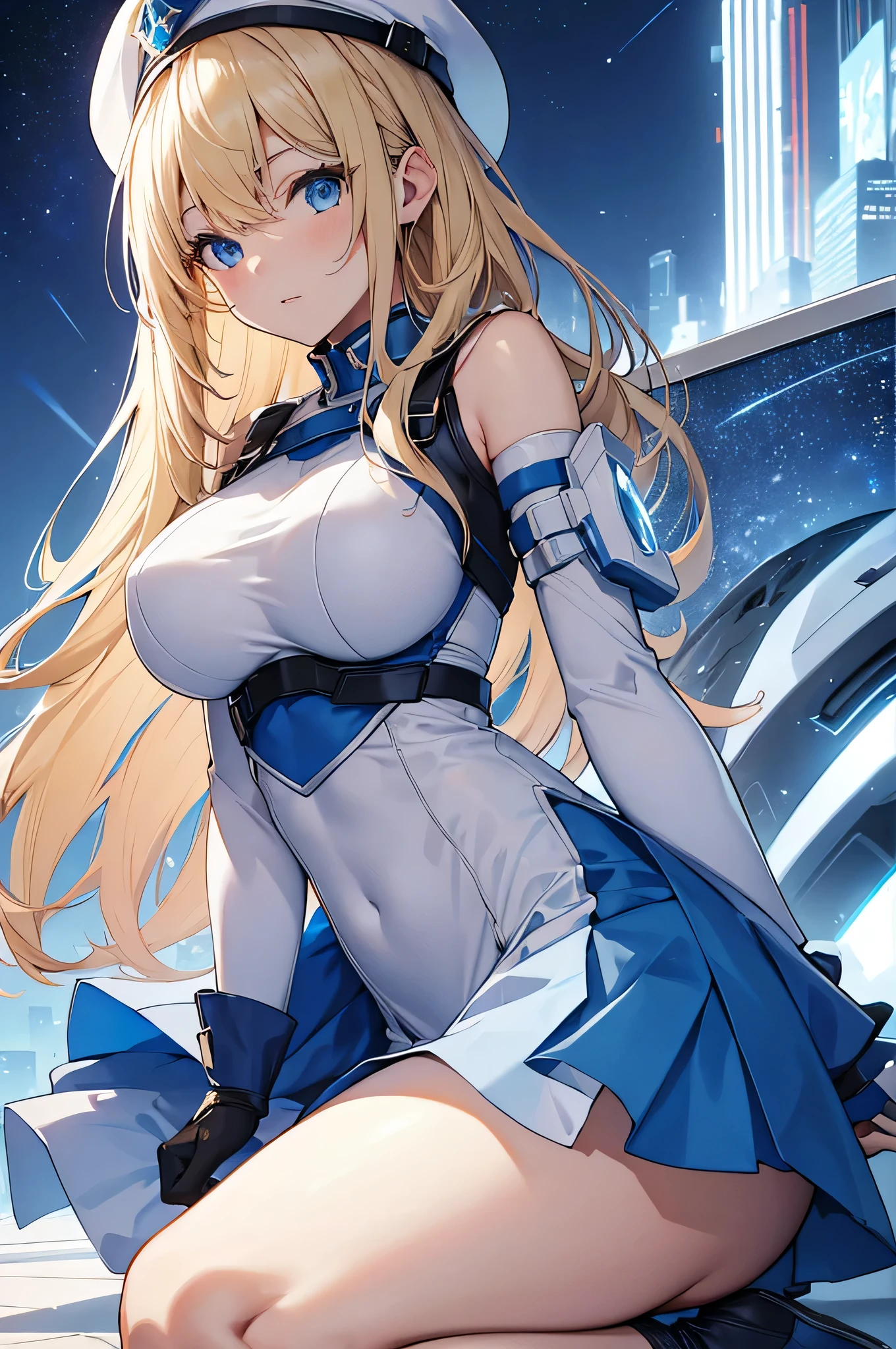 4K,High resolution,One Woman,Blonde,long hair,Blue Eyes,Big Breasts,Wizard,White tight cyber suit,Sleeveless,Blue Skirt,Blue hat,Wizardの杖,City of the Future,Night Sky