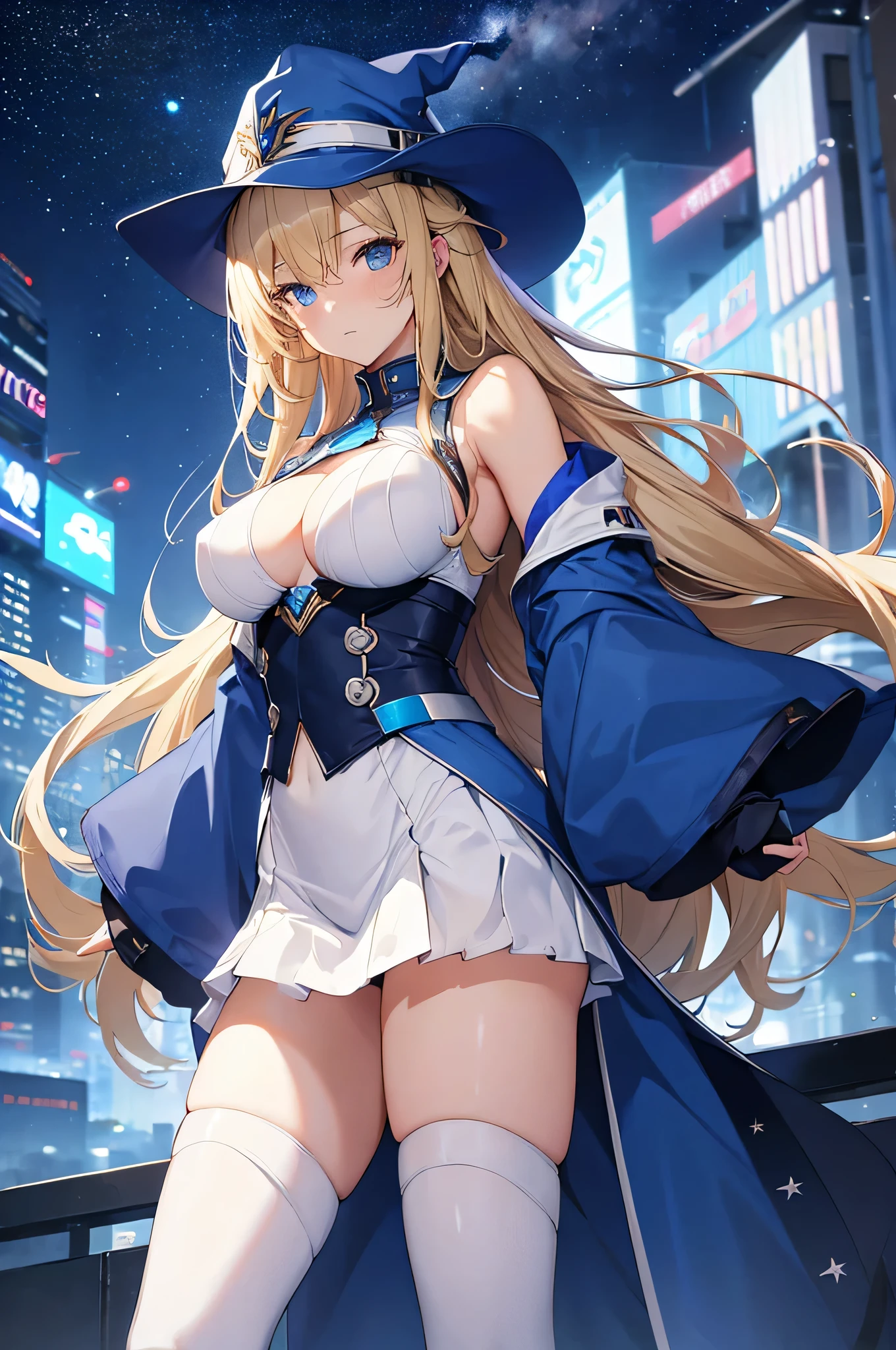 4K,High resolution,One Woman,Blonde,long hair,Blue Eyes,Big Breasts,Wizard,White tight cyber suit,Sleeveless,Blue Skirt,Blue hat,Wizardの杖,City of the Future,Night Sky