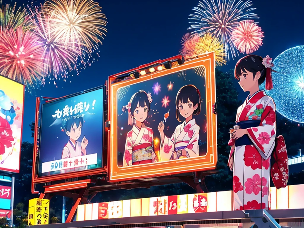 Fireworks、On a large billboard[Juice and tea]It is written、A mini character of a girl wearing a kimono、Boy wearing a happi coat