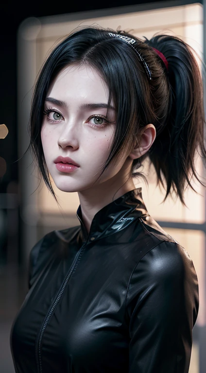 young man, pale skin, layered black hair with a low ponytail, red eyes, black eyebrows, aristocratic nose, thick lips, square face, marked jaw, black clothes, attractive, Izuna Uchiha, realistic, realism, real, 3d, 4d, well detailed
