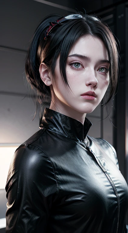 (((ultra realistic))) Photo, masterpiece, top quality, (pale skin), (Ultra detailed face and eyes:1.2), Bright eyes, 1 adult girl, brassiere, Dark background, (Eye makeup, mascara) , ((Dark straight hair)) , ((Stylish hairstyle)) , (Natural breasts), ((A slight smile)), ((Posing)), photoshoot, studio (Contour lighting), (The play of light and shadows), depth of field, bokeh, (special attention to skin detail: 1.2), Detailed leather texture, skin pores. ((Dark atmosphere of the frame. color scheme - black, Gray, Ashen, Red tones)), ((Film grain, VHS effect)), ((rays)) , ((waist up portrait, close to the camera)) , ultra detialed,