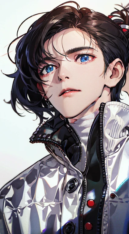 (best quality, masterpiece, 8K, photorealistic, cinematic lighting, 1:4 hdr image, ultra detailed, beautiful image), a mature man, 34 years very handsome, ((cold expression)), short black hair, blue eyes, face perfect without mistakes, ((buttoning his jacket, CEO))
