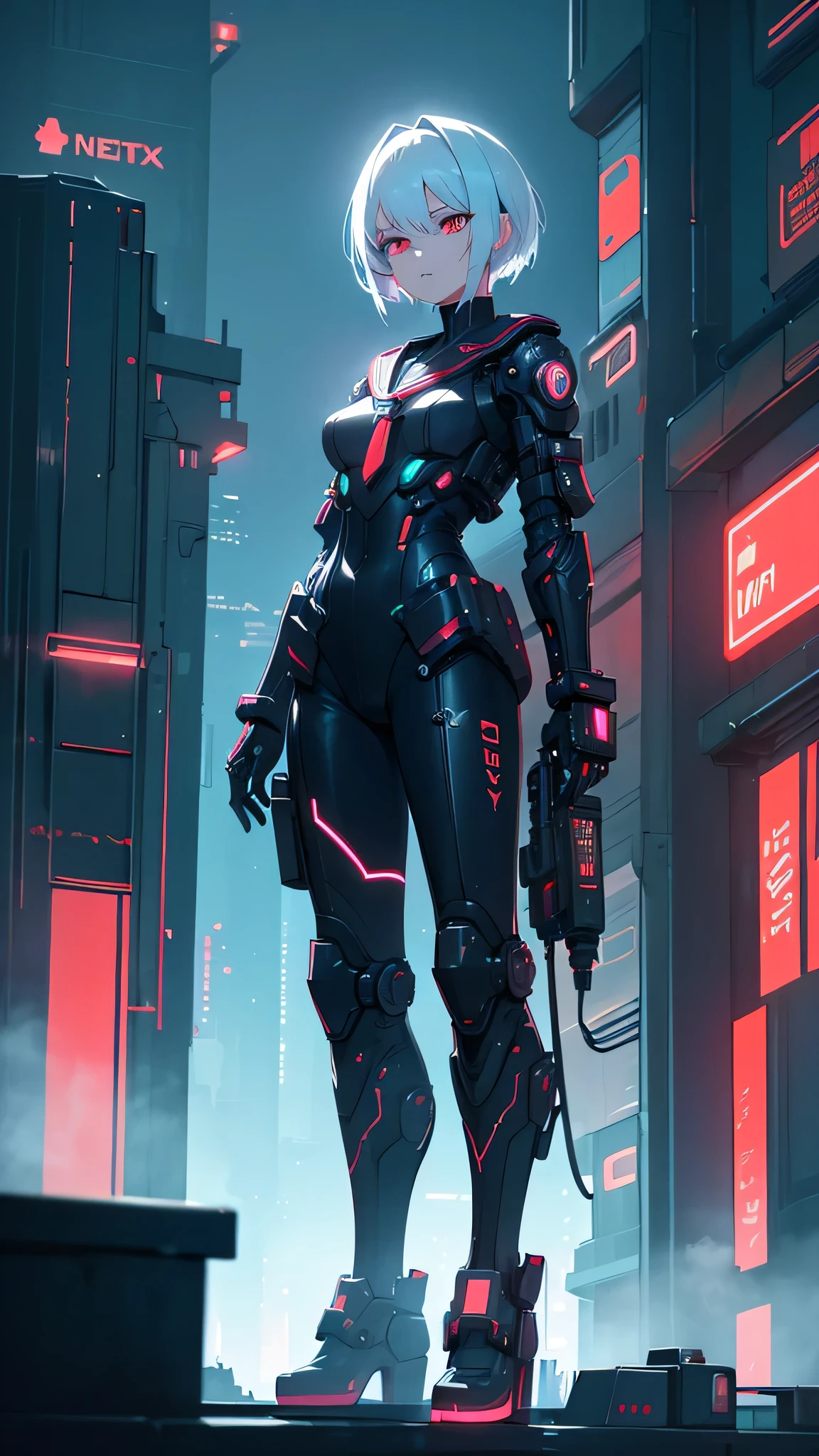 a beautiful cyberpunk girl with short white hair, red eyes, wearing a sailor-style mechanical outfit, standing in a city skyline with neon lights and dark lighting, ultra-detailed, 8k, highres, masterpiece, cinematic, dramatic lighting, vibrant neon colors, intricate machinery, photorealistic