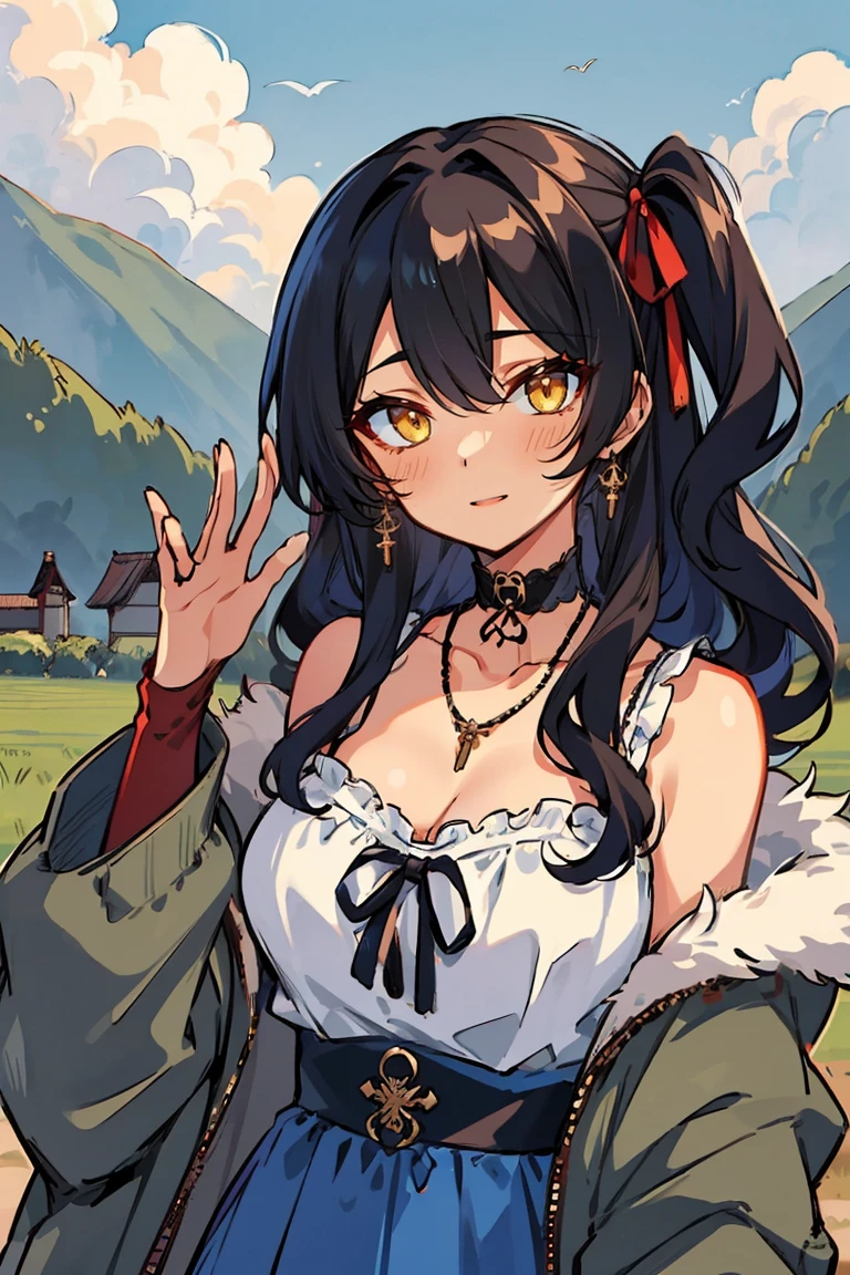 (masterpiece:1.2), (high quality:1.2), (hui xiyi:0.7), rekkyo sensen, rekkyou sensen, girls with((black hair, (wavy long hair, one side up:1.3), bare shoulders, breasts, choker, cleavage, coat, collar, collarbone, cowboy shot, dress, blue clothes, frills, red bow, red ribbon, neck ribbon, fur, fur collar, fur trim, hood down, hooded jacket, hoodie, jacket, large breasts, long hair, long sleeves, belt, suspenders, medium breasts, medium hair, necklace, open clothes, open hoodie, sleeveless, solo, winter clothes, zipper, cleavage, upper body, hand up, waving, palm)), background with((architecture, blue sky, bush, castle, village, no humans, cloud, cloudy sky, day, field, garden, grass, hill, house, lamppost, landscape, mountain, mountainous horizon, nature, no humans, outdoors, scenery, shrine, sky))