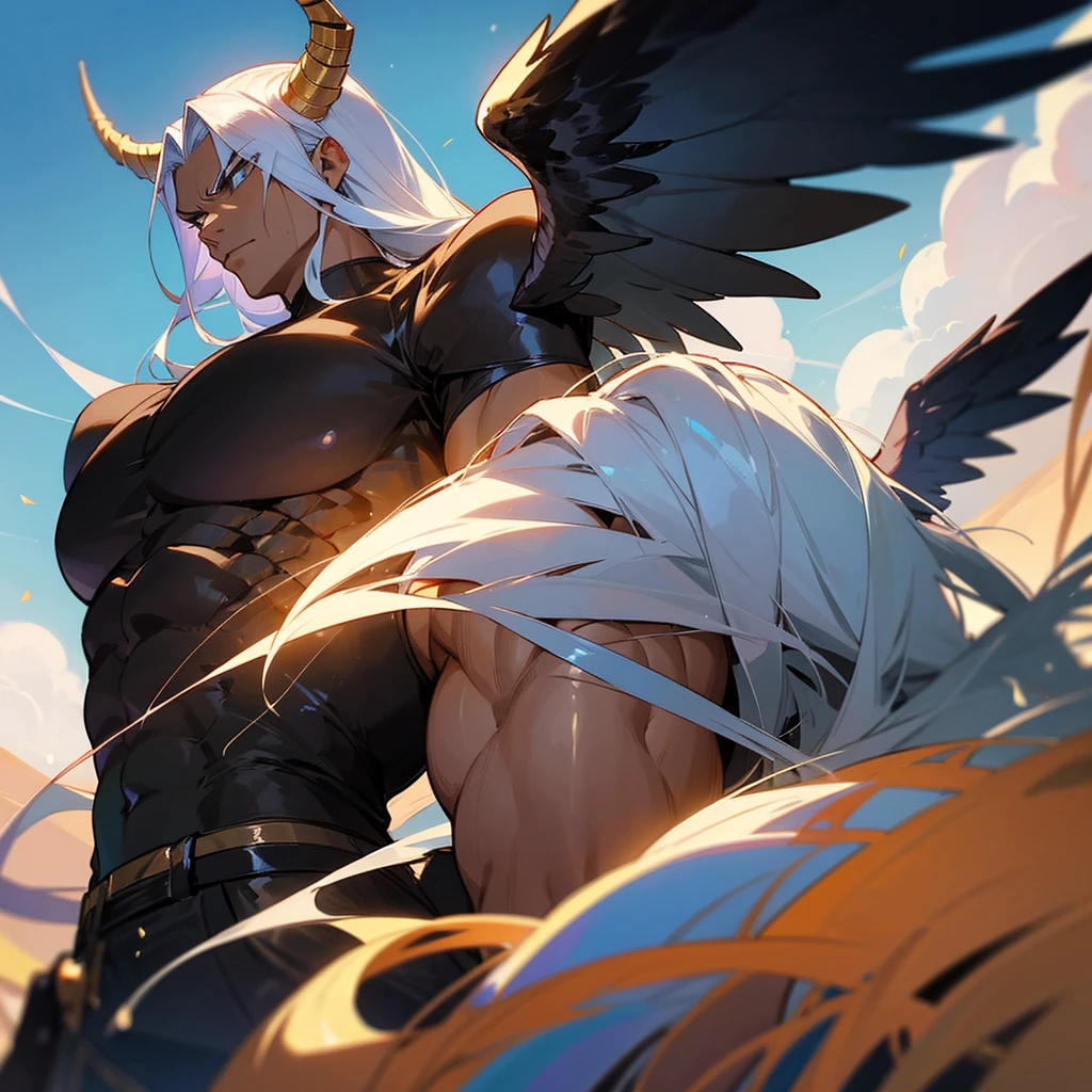 a tall, muscular man, with dark skin, characteristic of Lunarians. His eyes are a bright blue, reminiscent of moonlight. He has long, silvery hair that falls to his waist, always framing his angular, stern face. Two large black wings rise from its back, always ready for battle. His most distinctive feature, however, are the two curved horns that emerge from his forehead, similar to ram's horns but with a peculiar metallic shine, in the vein of One Piece.