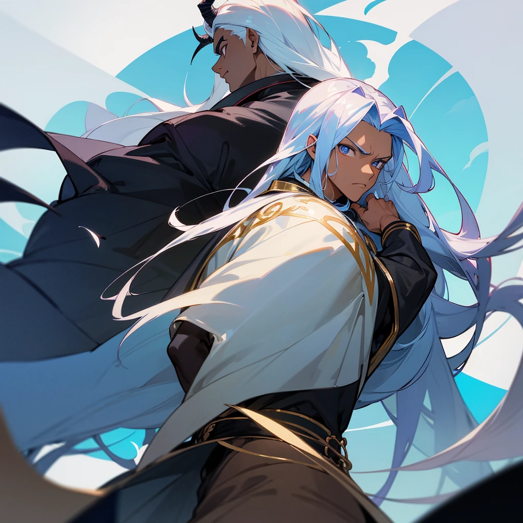 a tall, muscular man, with dark skin, characteristic of Lunarians. His eyes are a bright blue, reminiscent of moonlight. He has long, silvery hair that falls to his waist, always framing his angular, stern face. Two large black wings rise from its back, always ready for battle. His most distinctive feature, however, are the two curved horns that emerge from his forehead, similar to ram's horns but with a peculiar metallic shine, in the vein of One Piece.