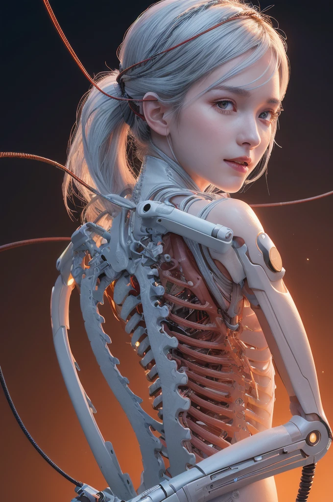 (masterpiece, top quality, best quality, official art, beautiful and aesthetic:1.2), (1girl:1.3), extreme detailed,colorful,highest detailed ((ultra-detailed)), (highly detailed CG illustration), ((an extremely delicate and beautiful)),(from side),cinematic light,((1mechanical girl)),solo,full body,(machine made joints:1.2),((machanical limbs)),(blood vessels connected to tubes),(mechanical vertebra attaching to back),((mechanical cervial attaching to neck)),(sitting),expressionless,(wires and cables attaching to neck:1.2),(wires and cables on head:1.2)(character focus),science fiction,white background,(blood:1.5)