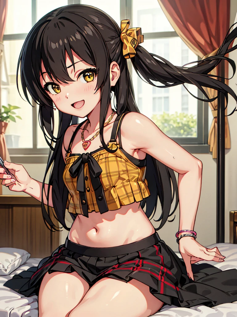 masterpiece, best quality, matoba_risa_theidolmastercinderellagirlsu149, solo, 10yo, (petite), black_hair, long_hair, twintails, yellow_eyes, ribbon, hair_ribbon, jewelry, necklace, hair_between_eyes,
 smile, standing, plaid bra, small breasts, panties, hotel room,