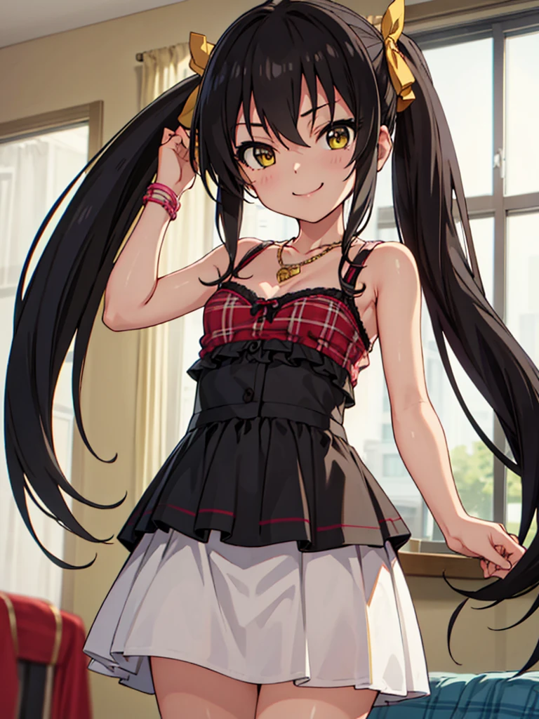 masterpiece, best quality, matoba_risa_theidolmastercinderellagirlsu149, solo, 10yo, (petite), black_hair, long_hair, twintails, yellow_eyes, ribbon, hair_ribbon, jewelry, necklace, hair_between_eyes,
 smile, standing, plaid bra, small breasts, panties, hotel room,