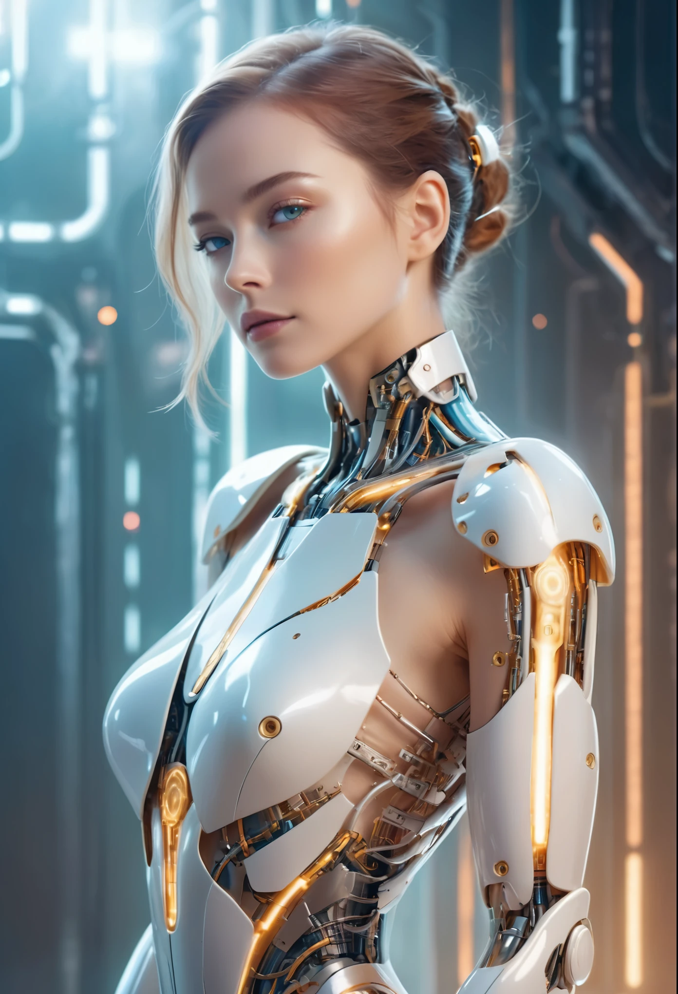Elegant female cyborg, blend of organic and mechanical, sophisticated circuitry, ethereal glow, graceful pose, futuristic fashion, minimalist cybernetic enhancements, abstract digital background, soft lighting, artistic interpretation, subtle metallic sheen, serene expression