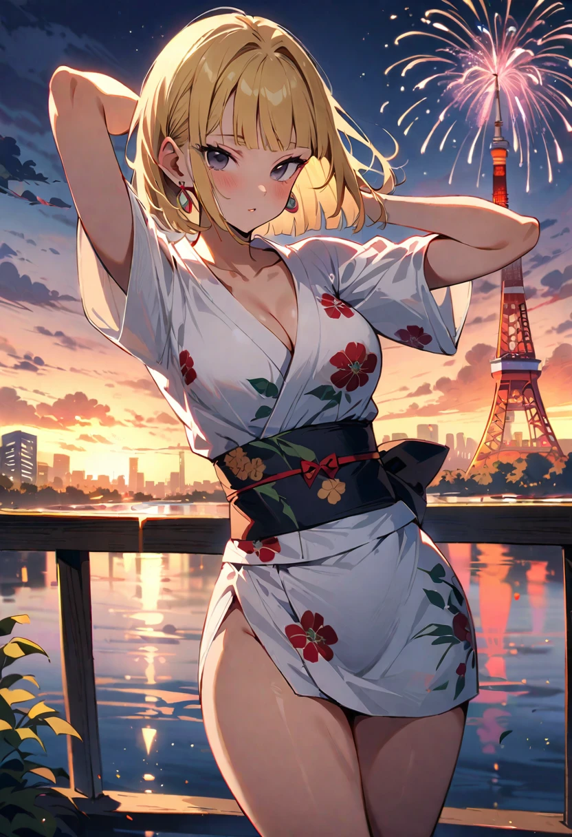 (masterpiece, best quality:1.2),1girl, (solo), Android 18 from Dragon Ball, ((floral print white kimono)), medium breasts, blunt bangs, blonde short hair, (black eyes), earrings on earlobes, slim, slender feminine figure, skinny body, blush, magnificent view, blur background, 4K, Tokyo Tower, firework, arms open, collarbone, (Kimetsu no Yaiba), Demon, looking at fireworks, riverside