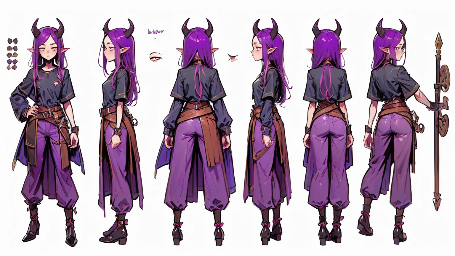 (Masterpiece, best quality), detailed, 1girl, ((character concept art)), ((character design sheet, same character, front, side, back)), many items, (Tiefling Girl, purple hair, purple skin, purple horns, flat chest, in a shirt and pants with a belt, medieval clothing, stands tall