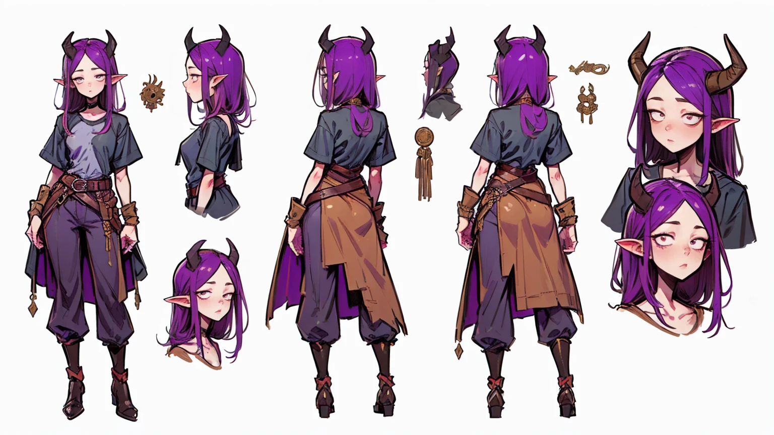 (Masterpiece, best quality), detailed, 1girl, ((character concept art)), ((character design sheet, same character, front, side, back)), many items, (Tiefling Girl, purple hair, purple skin, purple horns, flat chest, in a shirt and pants with a belt, medieval clothing, stands tall