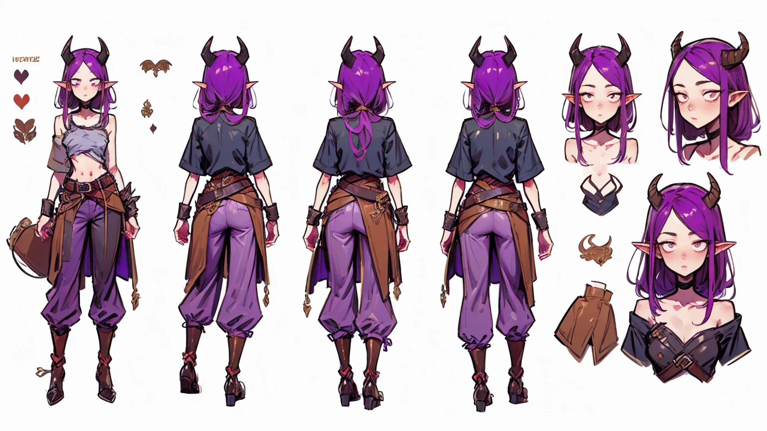 (Masterpiece, best quality), detailed, 1girl, ((character concept art)), ((character design sheet, same character, front, side, back)), many items, (Tiefling Girl, purple hair, purple skin, purple horns, flat chest, in a shirt and pants with a belt, medieval clothing, stands tall