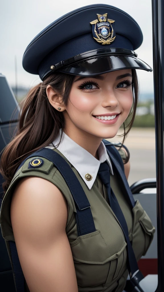 police cosplay,militar,navy, aeronautics, feminine,linda, Caucasian skin,blush cheeks,beautiful smiling, details in your beauty