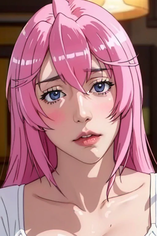 Ultra realistic, erotic aesthetic, best quality, dream aesthetic (a little blurry with cinematic vibrant light), ultra-detailed, fine details, high resolution (Hentai Otome dori | Sakuragi Otome), Perfect dynamic composition, illuminated pale skin, perfect shading, beautiful (realistic) detailed light eyes, realistic hot body, pale-pink Hair, hair fringe, long mess (silky) Hair (Pale rose), natural big breasts, Natural color lip, face with shy and embarrassed expression, big breasts, hot belly, hot hips, thick legs, realistic different sex poses, bedroom (unfocused background)、20 years old、Dream atmosphere  