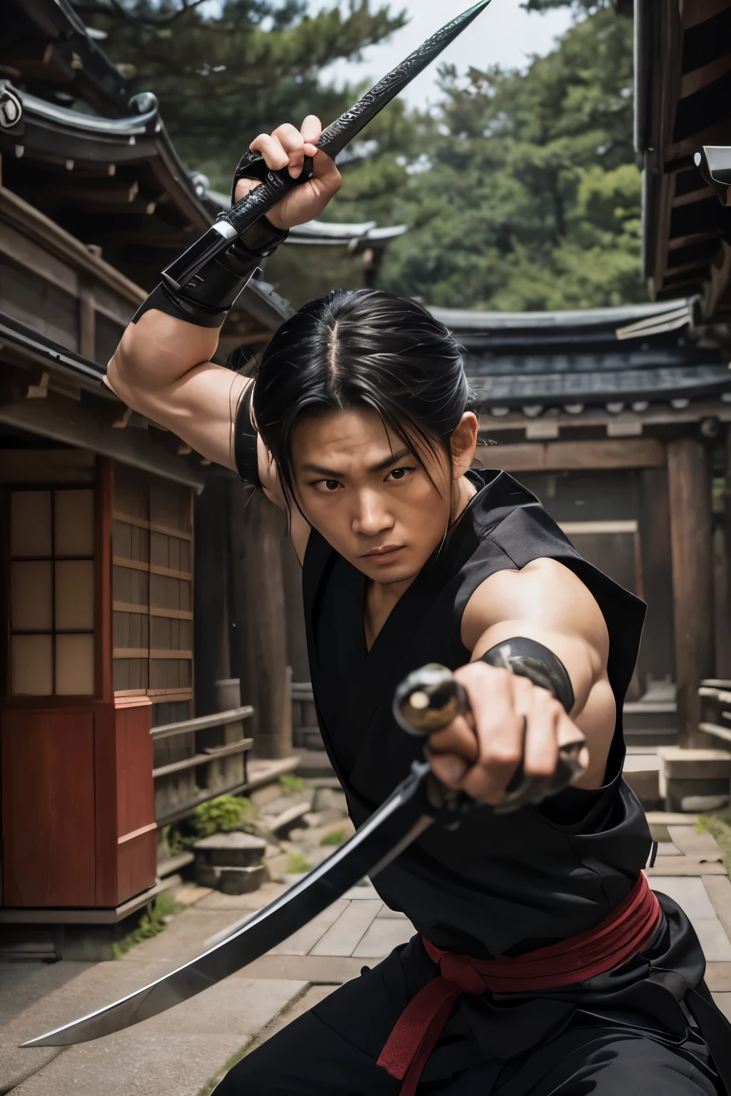 Create a highly detailed illustration of a Tobari-ryu ninja, focusing on the unique aspects and mysterious background of this school. The ninja should be depicted wearing traditional black attire, including a hood and mask, to emphasize stealth and secrecy. Equip the ninja with traditional weapons such as a katana (sword), shuriken (throwing stars), and a kusarigama (chain and sickle), reflecting their versatility in combat and espionage.
The scene should capture the ninja in a dynamic action pose, perhaps performing acrobatic movements like mid-air flips or hiding among the shadows of a dense forest. The background should include elements that evoke the historical and mysterious setting of the Tobari-ryu, such as ancient ruins, dense forests, and traditional Japanese architecture like temples or shrines.
Incorporate subtle details that highlight the strategic and stealthy nature of Tobari-ryu, such as hidden traps, shadows, and secret pathways. To emphasize the enigmatic nature of this ninja school, include references to legendary feats or symbols associated with them, like a banner with the clan's emblem or traditional Japanese motifs.
The overall atmosphere should convey a sense of mystery, danger, and the skilled martial arts tradition of the Tobari-ryu. The illustration should reflect the historical and cultural richness of the ninja legacy.
