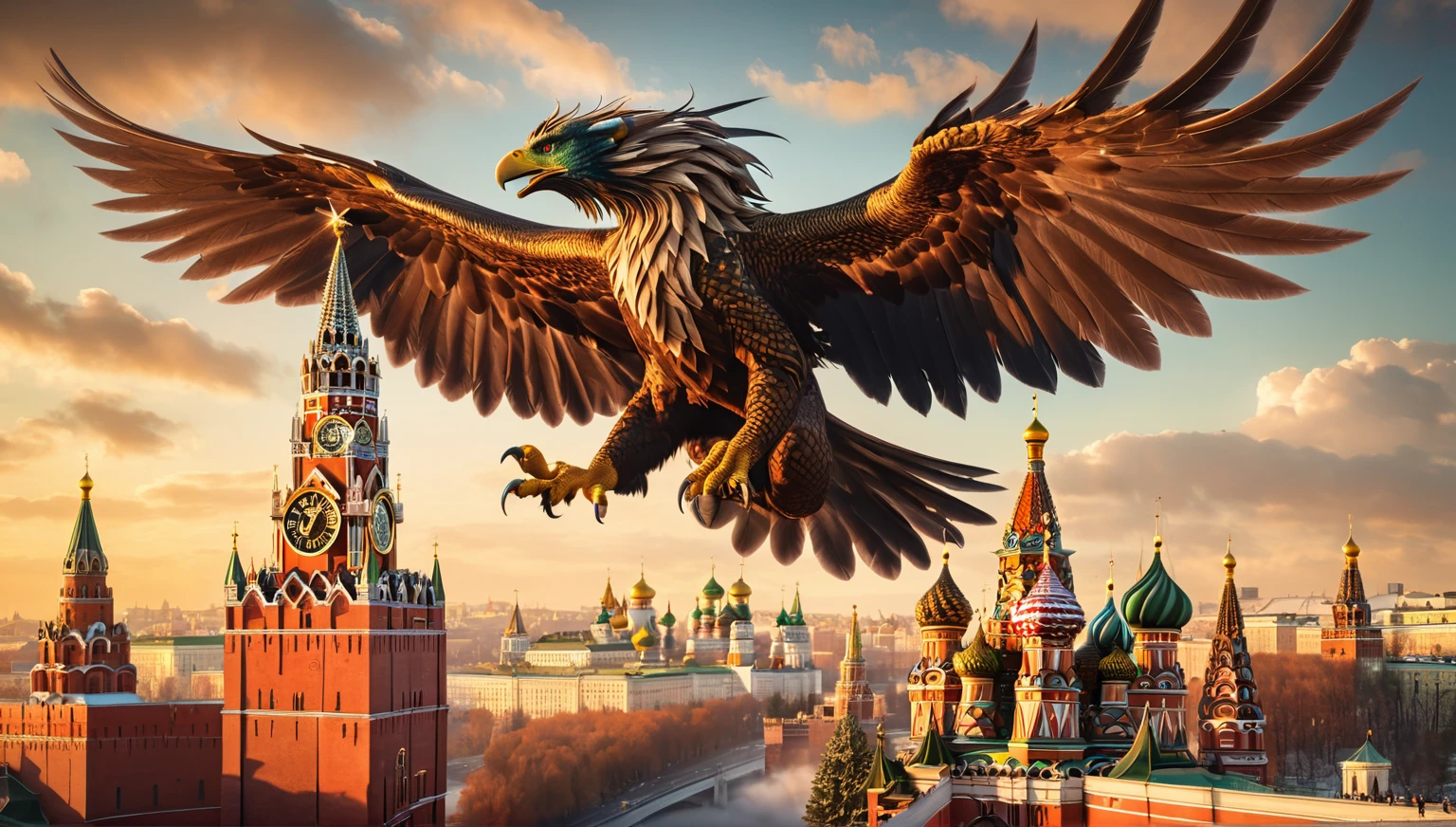 there is a large bird flying over a city with a clock tower, dragon invasion of moscow, by Alexander Kucharsky, by Igor Grabar, flying mythical beasts, 3 d render and matte painting, sergey zabelin, by Serhii Vasylkivsky, imperial russia, russia in 2 0 2 1, gryphon, by Fyodor Rokotov, Ultrarealistic Photography, trending on Flickr, trending on pinterest, insanely detailed and intricate, Lifelike, Authentic, True-to-life, Genuine, Natural, Cinematic Lighting, Dramatic, Theatrical, Atmospheric, Evocative, Mood-setting, Award Winning Photography, Acclaimed, Recognized, Celebrated, Honored, Prize-winning, Sharp Focus, Crisp, Clear, Precise, Well-defined, Distinct, Masterpiece Photography, Iconic, Exceptional, Extraordinary, Stunning, Magnificent, Studio Photography, Controlled, Polished, Professional, Refined, Perfected, Nikon, High-quality, Reliable, Durable, Precision-engineered, Cutting-edge, No Filter Photography, Natural-looking, Unedited, Raw, Authentic, True-to-life, 8K Photography, High-resolution, Crystal-clear, Ultra-detailed, Immersive, Cutting-edge, Realistic Skin Texture, Lifelike, Natural-looking, Authentic, True-to-life, Genuine, Photorealistic, Hyper-realistic, True-to-life, Natural-looking, Authentic, Realistic, Hyper Realism, Ultra-detailed, Intensely realistic, Extremely lifelike, Highly precise, Stunningly accurate, Highly Detailed, Intricate, Elaborate, Meticulous, Comprehensive, Thorough, Flattering, Intimate, Personal, Impressive, Captivating, Professional Studio Lighting, Expertly lit, Skillfully crafted, Perfectly balanced, Impeccably executed, Artfully arranged, Million dollar Photoshoot, Memorable.