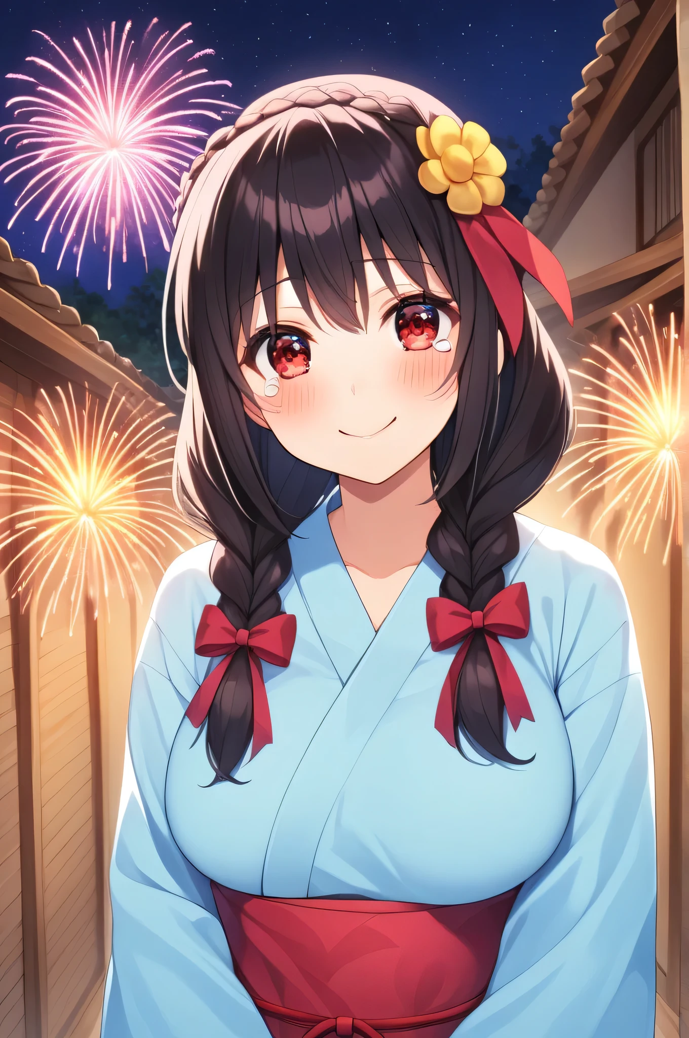 alone, One girl、Crown braids in the same color as your hair, hair ornaments, Hair Ribbon,(A light blue kimono with a red floral pattern and a red obi.)、Red Eyes、Black Hair、(blush:1.6)、(Smiling through tears:1.5)、Larger breasts、(The background is fireworks at night)