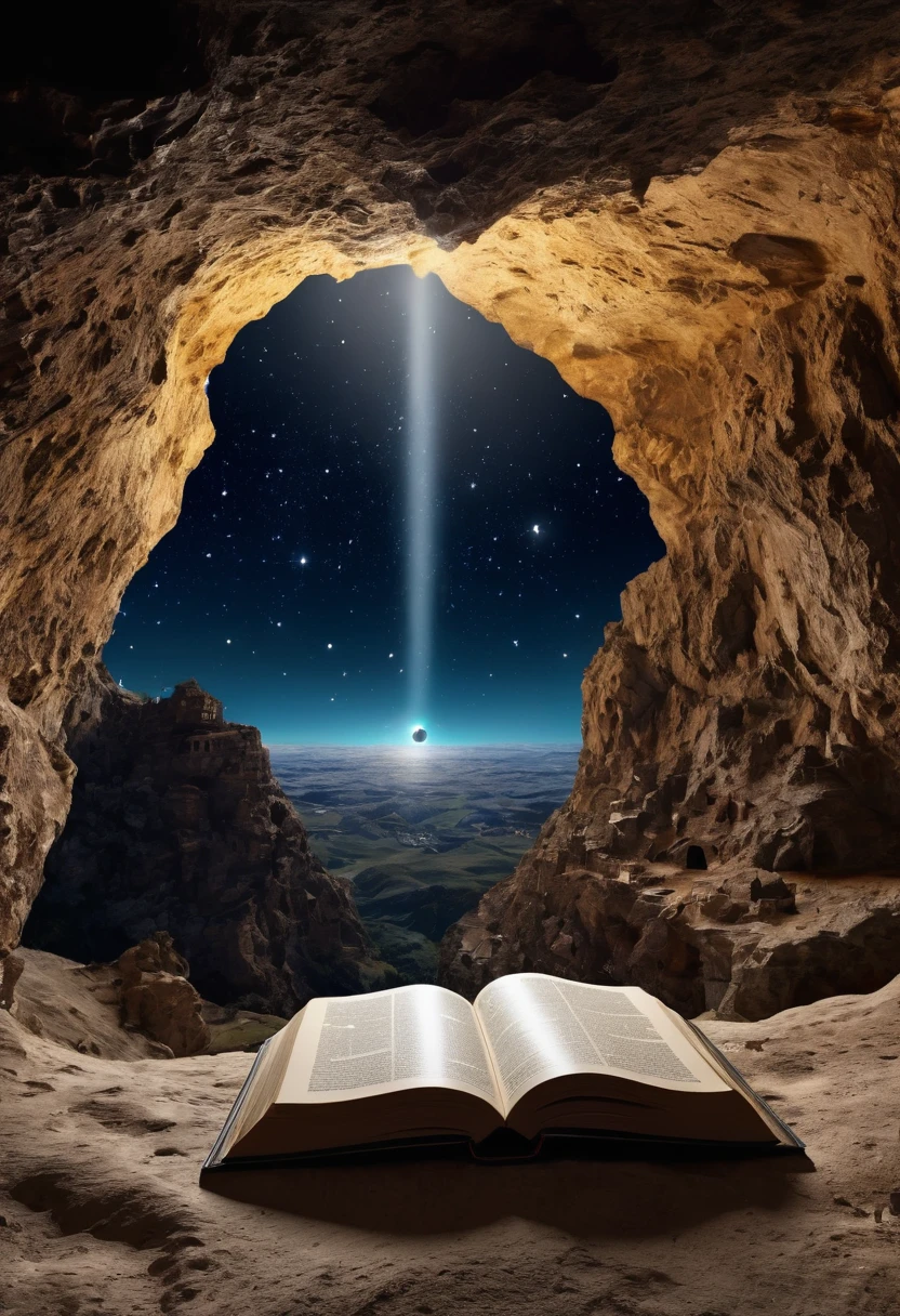 Image of a big book , books covered with space images , stars and constilation , book type and name book of astronomy, closed book , , black colour book , book is kept in a big old cave with a big hole in the cealing , bright light coming from the hole , light spreading at the book , realistic , masterpiece , 4k , uhd