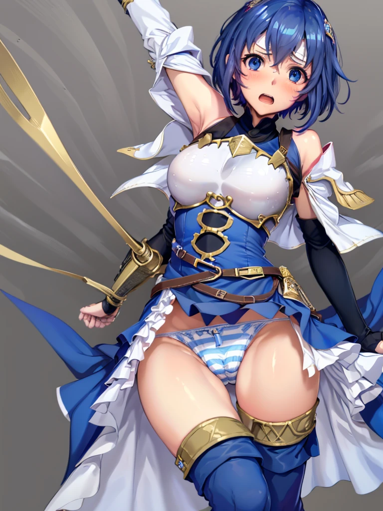 (White background:1.2),masterpiece,best quality,1girl,18yo, beautiful girl,BREAK,Blue Hair, short hair, blue eyes, cute, Narrow waist, small, Toned Up, Large Breasts, Bare shoulders, Red neckerchief, Blue elbow gloves, Blue fingerless gloves, Pauldrons, belt, breastplate, White headband, Short dress, Dress slit, Blue tight boots, Blue long boots, Pegasus Knight Uniform (Fire emblem), low length,blush,Scared,distress,Open your mouth,(Her skirt is lifted up and her panties are visible,Blue and white striped panties:1.3)