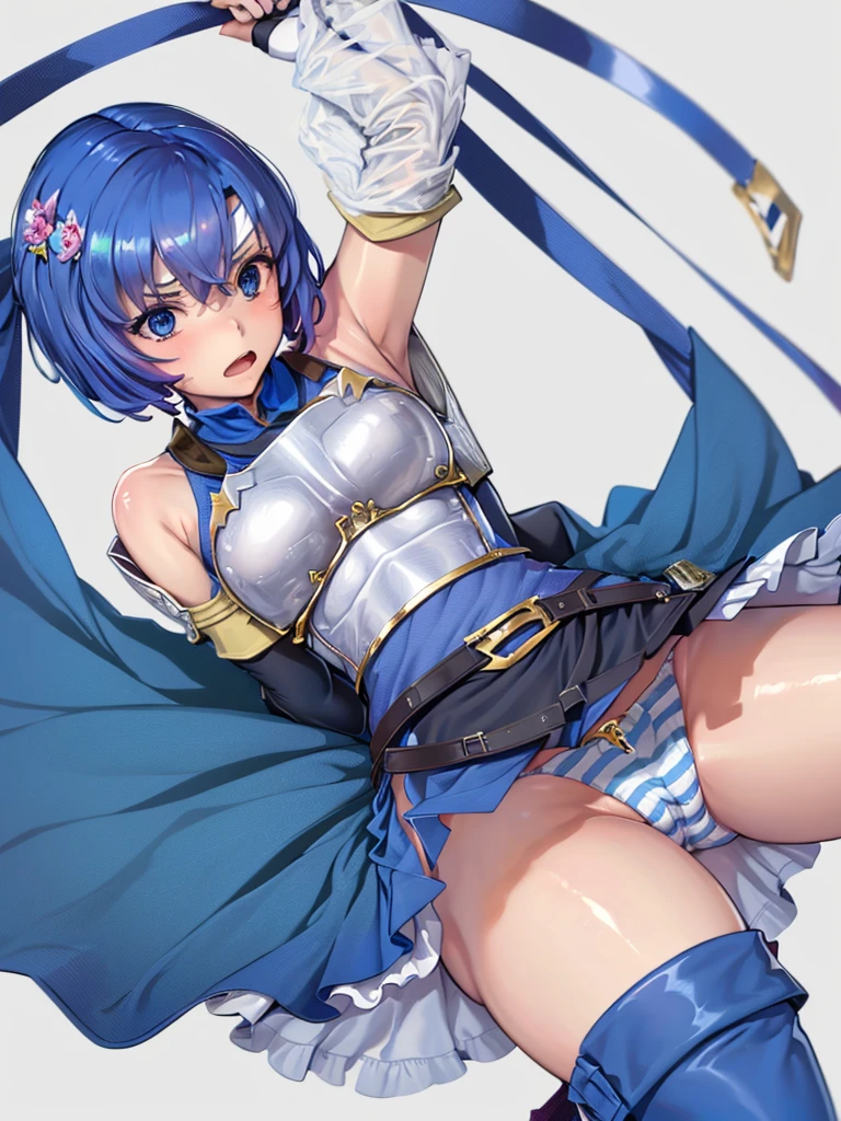 (White background:1.2),masterpiece,best quality,1girl,18yo, beautiful girl,BREAK,Blue Hair, short hair, blue eyes, cute, Narrow waist, small, Toned Up, Large Breasts, Bare shoulders, Red neckerchief, Blue elbow gloves, Blue fingerless gloves, Pauldrons, belt, breastplate, White headband, Short dress, Dress slit, Blue tight boots, Blue long boots, Pegasus Knight Uniform (Fire emblem), low length,blush,Scared,distress,Open your mouth,(Her skirt is lifted up and her panties are visible,Blue and white striped panties:1.3)