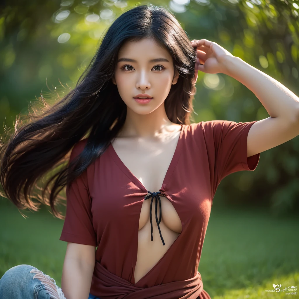 realistic: Open the aperture wide., professional lighting, Sony A7R4, 50 mm sitting lens. 2 ; Warm light, (digital painting, HDR ภาพถ่ายหน้าตรงThai anime, Female anime Araffe 25 30 years old, realistic: Open the aperture wide., professional lighting, Sony A7R4, 50 mm sitting lens. 2 ; Warm light, (digital painting, HDR, high contrast (digital painting, HDR, high contrast),Old jeans torn, bright colored t-shirts, Looking straight at you intently, Long-haired woman with a round face, Red cheeks, Pink cheeks, black eyes ตาสองชั้น, black eyes, Thai anime, Has a large chest size of 38 inches., ponytail woman, flowing black hair, long flowing black hair, she has black hair, Her black hair was long and wavy., beautiful black hair, Extra dark natural black hair, The shirt is tight., Looks hot., ,black eyes,abdominal muscles, rounded chest, outdoor, The background is a rice field., There is an old thatched Thai-style hut in the background., The evening sun shines, beautiful female model, jaw-dropping beauty, realistically,