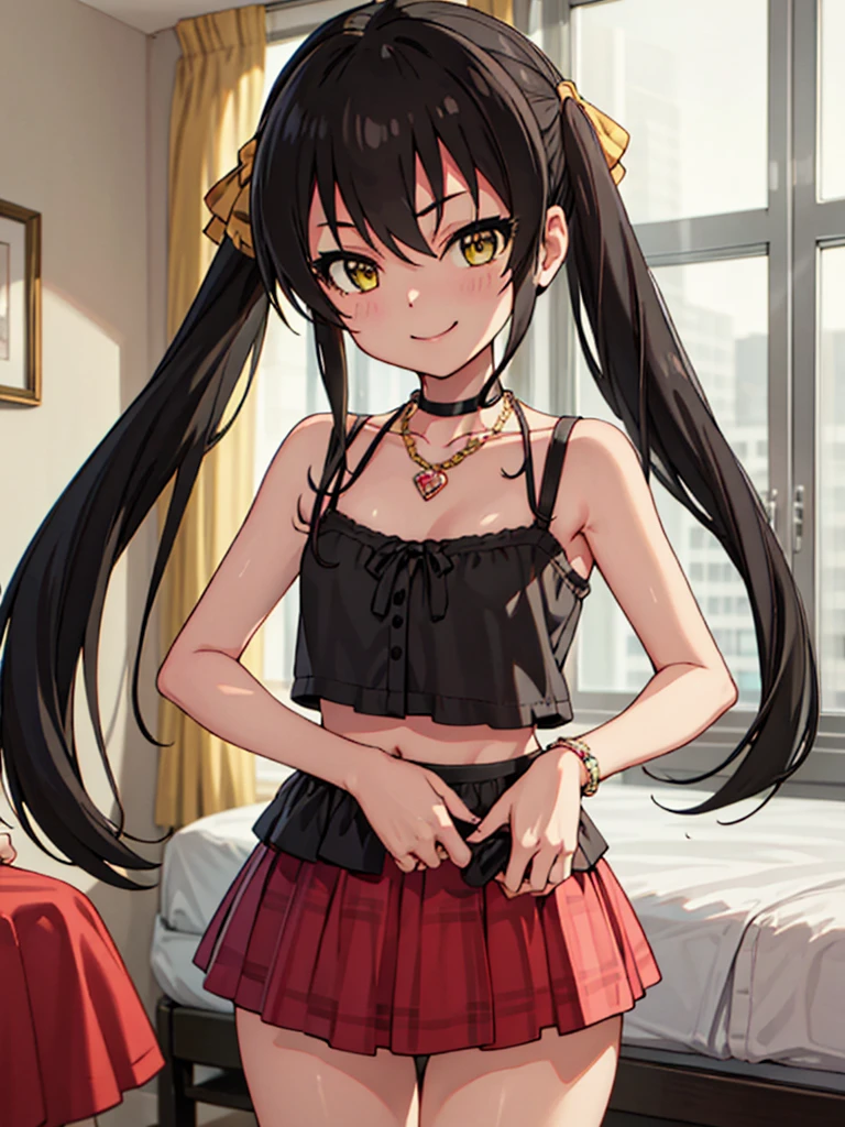 masterpiece, best quality, matoba_risa_theidolmastercinderellagirlsu149, solo, 10yo, (petite), black_hair, long_hair, twintails, yellow_eyes, ribbon, hair_ribbon, jewelry, necklace, hair_between_eyes,
 smile, standing, plaid bra, small breasts, panties, hotel room,