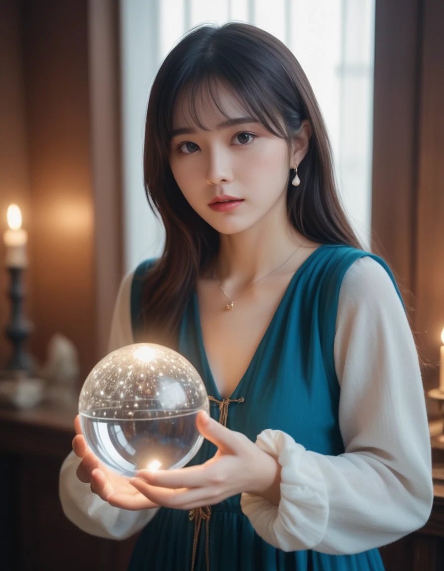 Japanese women, (close:2), (Natural light),Wavy Hair, amount, (Dark brown eyes),(From the side), (Downward eyes),Pouting,
(White sweater),(Dynamic pose)
(See-through curtains, Bright room)((facing front:1.5)),Female fortune teller. Attractive, beautiful and mysterious. She wears a blue cloak and has distinct features. The atmosphere is bright and sparkling, full of anxiety and anticipation. A fortune teller is standing there. The body is facing forward. he is looking at you He holds a crystal ball in his right hand. The lighting in the room is bright, creating a magical atmosphere. Best picture quality, 4k or 8k resolution. The level of detail is very detailed and realistic, close to photorealism. Artistic style should reflect an official aesthetic with bright colors and strong contrasts. The color palette should emphasize the mystical and mystical theme of the work. The fortune teller's cloak is decorated with metal edging with a thickness ratio of 1.5 and intricate designs. The overall atmosphere is magical, like a starry sky. The expression on the fortune teller's face should arouse mystical interest.