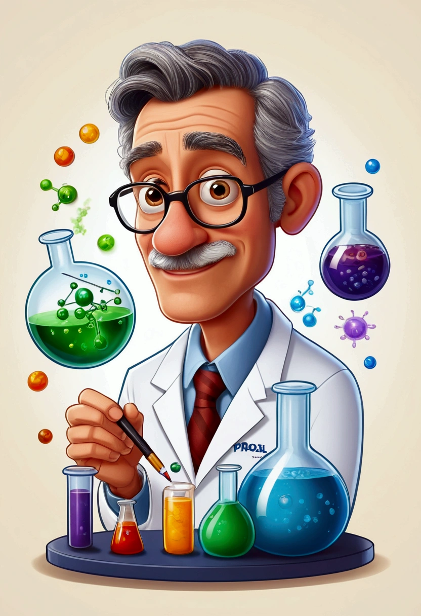 create a logo doing the biology interaction, Physics and chemistry, Pixar drawing style, with the name Prof. Luiz Paulo Silva