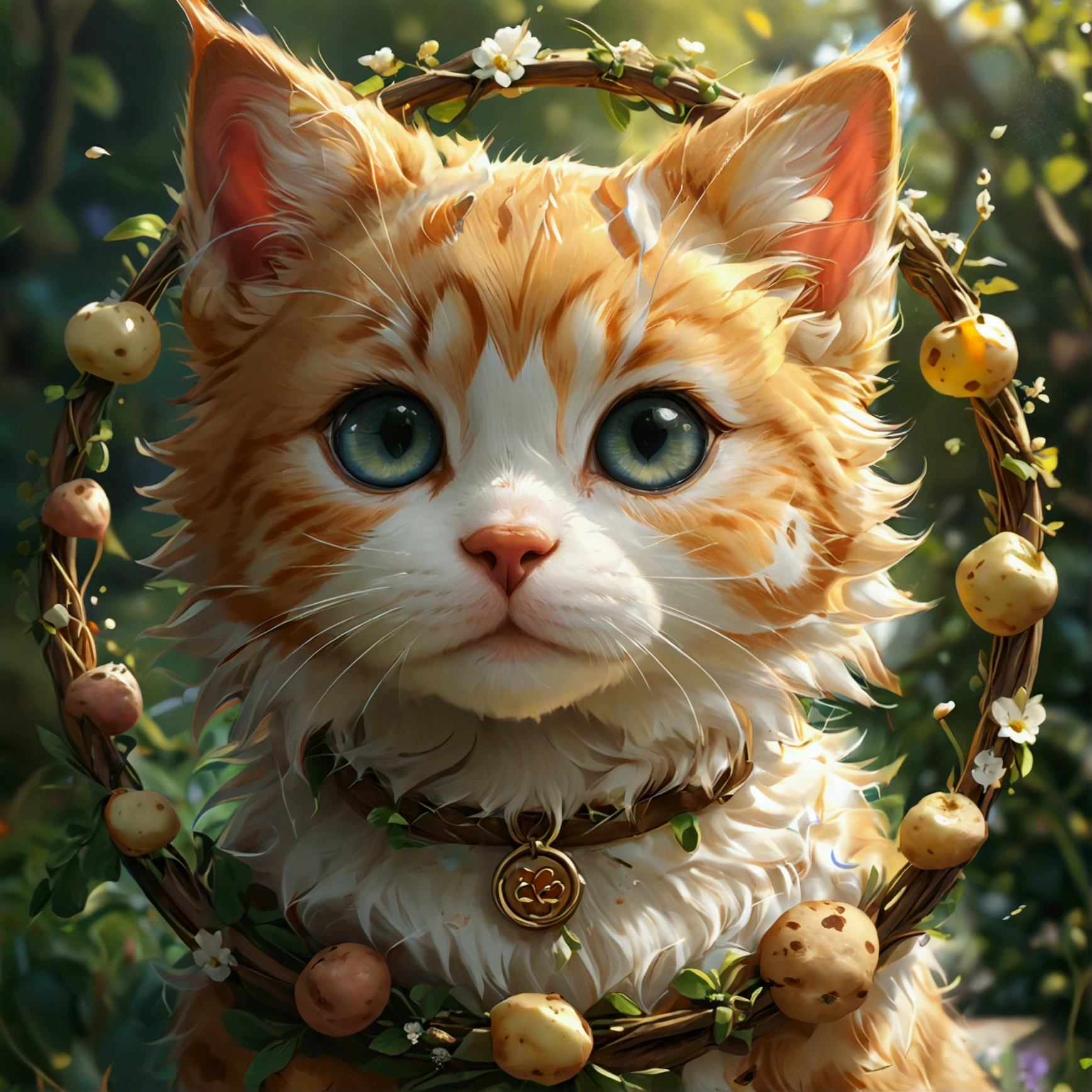 Create an illustration that meets the following conditions:。 -Create an icon with a kitten circle frame -Realistic anime style - Heartwarming characters -Potato Girl - Fantasy background -Puppy theme
