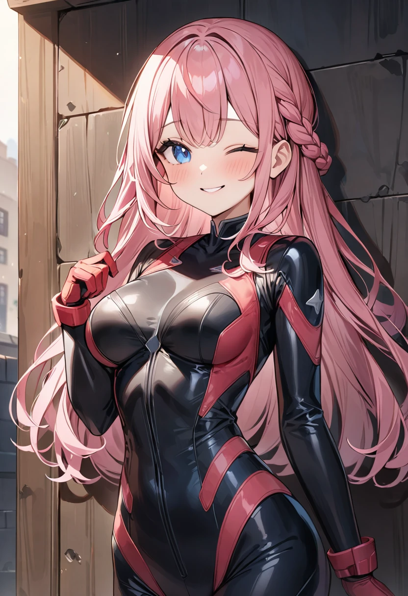 (masterpiece, top quality, very aesthetic, 4k、illustration), intricate detail, 1girl,Standing in front of a wall、(upper body)、happy smile、one eye closed、(braid hair)、
Cute 、pink hair、,middle hair,sidelock ,,blue eyes、pilot suit、Tight Suit、,medium breasts、Slim 、