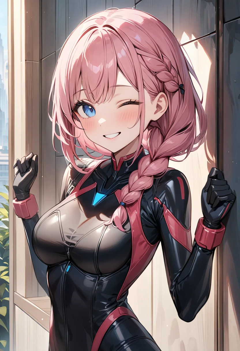 (masterpiece, top quality, very aesthetic, 4k、illustration), intricate detail, 1girl,Standing in front of a wall、(upper body)、happy smile、one eye closed、(braid hair)、
Cute 、pink hair、,middle hair,sidelock ,,blue eyes、pilot suit、Tight Suit、,medium breasts、Slim 、