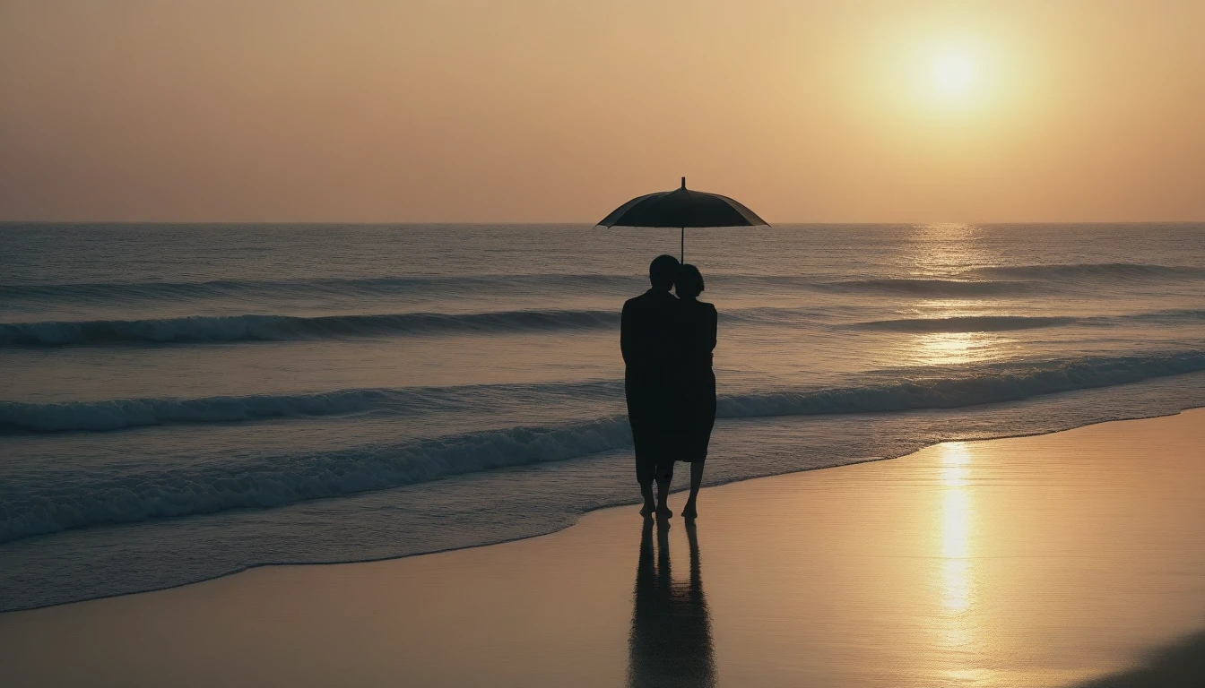 8K, Vivid picture quality, desolate long beach, Two lovers walking from afar, short hair woman, red light of sunset, alone, afternoon, depressed, tide가 밀려온다, ocean, tide, black umbrella , wind, short korean woman, 잔잔한 tide